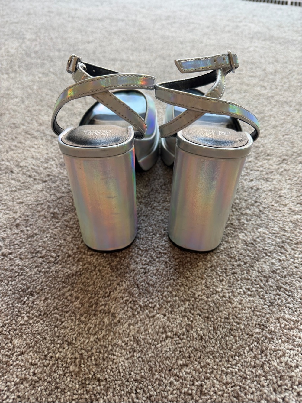 wild fable Iridescent Silver Metallic Holographic Platform Heel Sandals Y2K - Picture 8 of 13